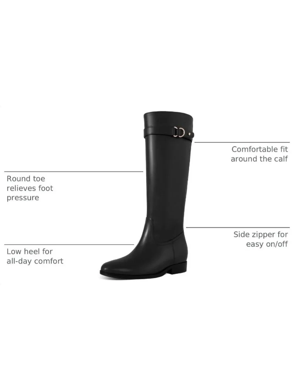 Women's Black Round Toe Low Heel Comfortable Side Zipper Buckle Knee High Boots